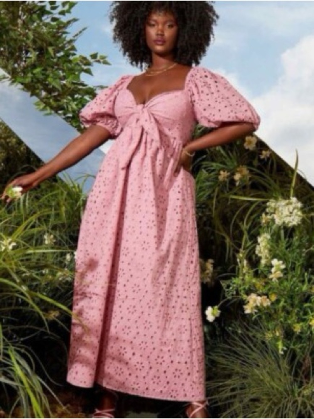 Eloquii Pink Eyelet Midi Dress with Puff Sleeves